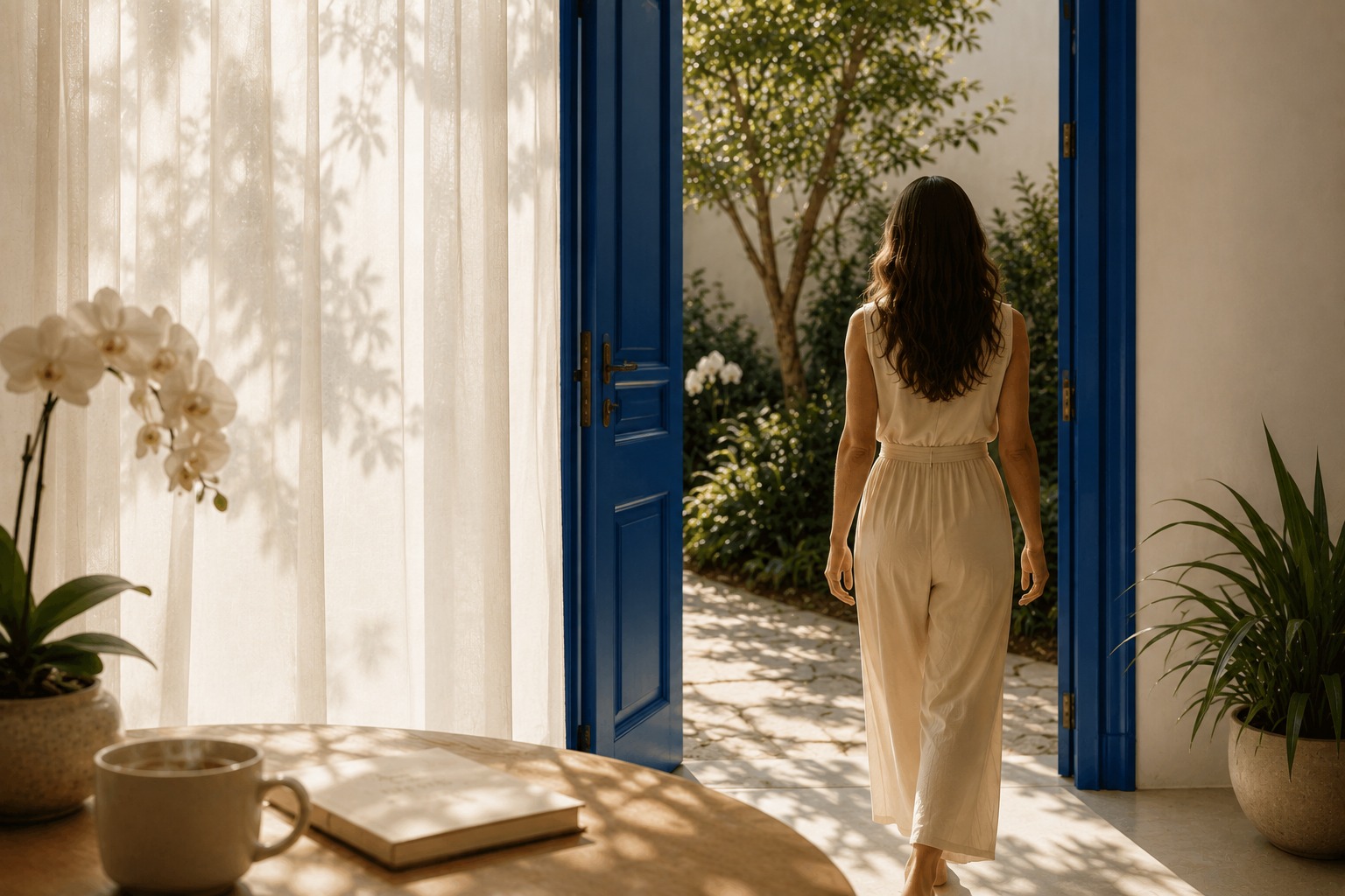 Mulher caminhando por uma porta azul em direção a um jardim iluminado